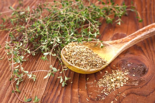 Display of dried thyme leaves on a spoon surrounded by fresh thyme leaves.