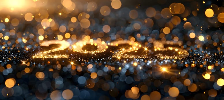 The year 2025 shimmers in gold sparkles against a dark city skyline. A stunning display in the night sky for a public event in the entertainment landscape