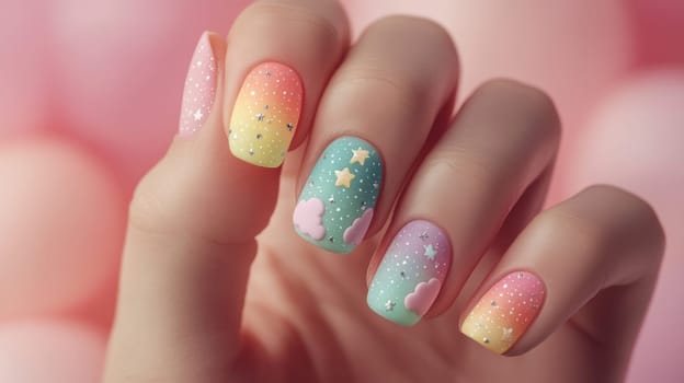 Close-up of a woman's hand showcasing whimsical pastel nail art. the design features colorful gradients with small stars and fluffy clouds, offering inspiration for creative manicure trends and fashion statements.