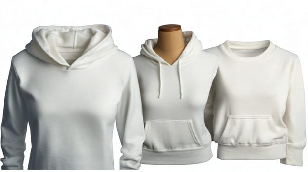 Three white hoodies, two with hoods and one without, displayed on white invisible mannequins and isolated on a white background. Perfect for showcasing your latest designs