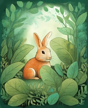 Illustration for children with hare in forest. Selective focus.