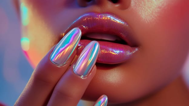 Close-up shot a woman's glossy lips and iridescent nails. the vibrant, futuristic aesthetic with holographic colors emphasizes modern beauty trends and self-expression.