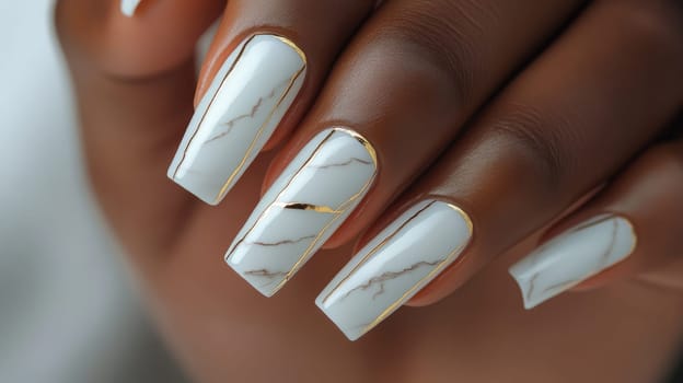 Luxurious close-up of a woman's hand showcasing an exquisite manicure. the nails feature a white marble design highlighted with gold accents, reflecting elegance and high fashion in beauty trends.