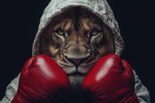 This striking portrait features a lion in boxing gloves, exuding strength and determination. The photorealistic details and dramatic lighting highlight its fierce expression, creating a unique and powerful visual impact.