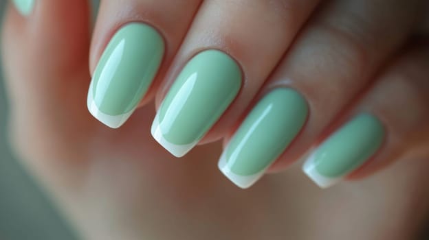 A detailed close-up of a woman's hand featuring a fresh pastel mint manicure, showcasing sleek and modern nail art. the soft mint color combined with precise application highlights elegance and contemporary style.