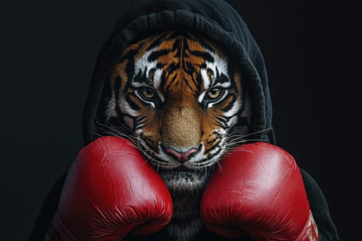 A striking portrait of a fierce tiger wearing boxing gloves, exuding determination and strength. This photorealistic image captures the unique blend of wildlife and sport.