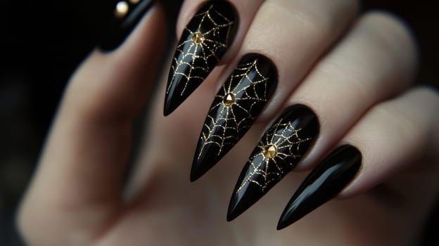 Spooky nail art featuring a close-up of a woman's hand with long, pointed black nails adorned with intricate gold spiderweb designs. perfect for halloween-themed fashion and beauty projects, creative manicure artistry.