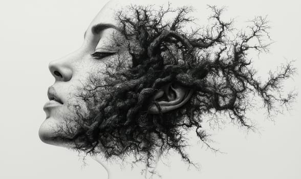Monochrome abstract sketch of a human head, neurographics. Selective focus.