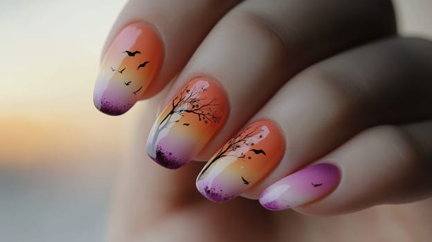 Close-up of a woman's hand showcasing beautifully manicured nails. the design features a sunset gradient with silhouettes of birds and trees, blending orange, purple, and pink hues, creating a tranquil scene.
