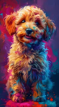 A vibrant painting featuring a small water dog with a magenta snout sitting on a table. This carnivorous dog breed makes a great companion and is often seen with pet supplies and toys