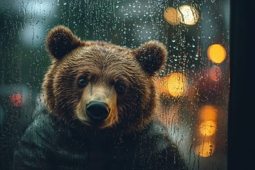A young bear in a space suit gazes curiously through a rain-soaked window, capturing a moment of wonder and adventure amidst a vibrant backdrop.