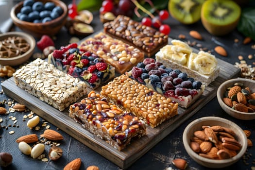 A wooden cutting board displaying a variety of granola bars and nuts, showcasing natural foods and ingredients for a sweet and healthy snack