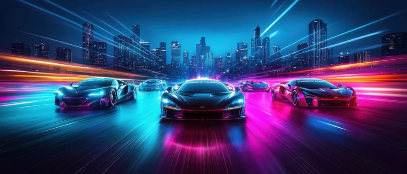 Experience the thrill of futuristic racing cars illuminated by vibrant neon lights in a dynamic urban setting. Perfect for automotive enthusiasts.