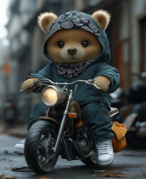 3d cartoon bear in a jacket on a biker on an abstract background. Selective focus.