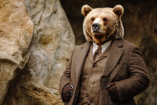 A grizzly bear dressed in a rugged brown suit stands confidently, blending elements of nature and human fashion, presenting a unique and striking visual.