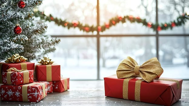 A gift box with red wrapping and a big golden bow lies next to a stack of gift boxes under a Christmas tree against a winter window.