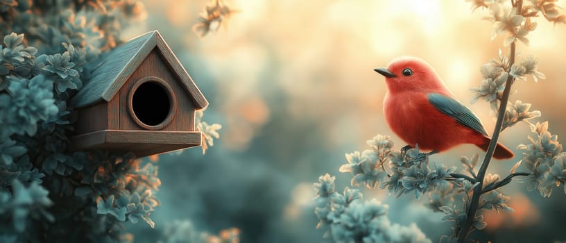 Birdhouse on tree with bird in cartoon style. Selective focus.