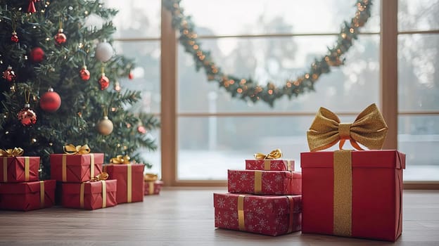 A gift box with red wrapping and a big golden bow lies next to a stack of gift boxes under a Christmas tree against a winter window.
