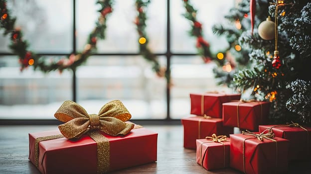 A gift box with red wrapping and a big golden bow lies next to a stack of gift boxes under a Christmas tree against a winter window.