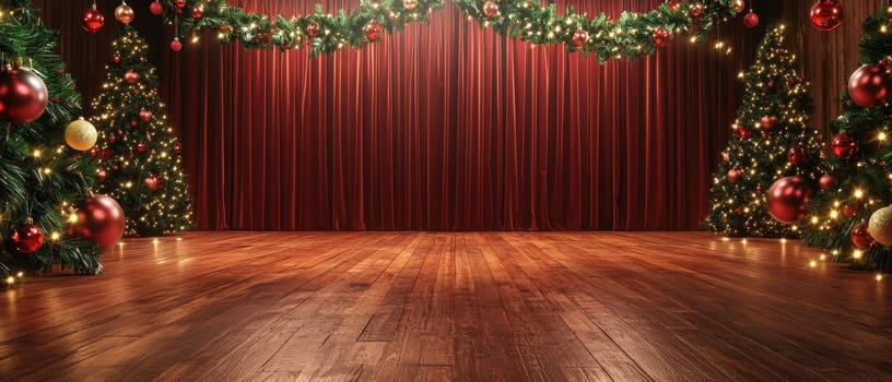 A beautifully decorated Christmas stage featuring lush green garlands, vibrant red ornaments, and warm lighting, perfect for festive events and holiday celebrations.