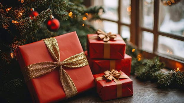 A gift box with red wrapping and a big golden bow lies next to a stack of gift boxes under a Christmas tree against a winter window.
