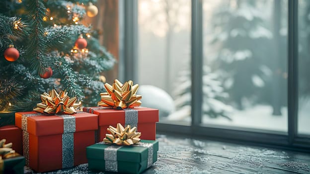 A gift box with red wrapping and a big golden bow lies next to a stack of gift boxes under a Christmas tree against a winter window.
