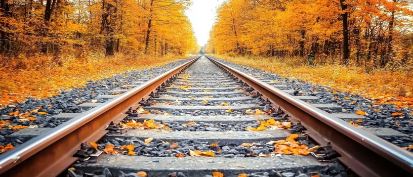 A captivating view of railway tracks converging in the distance, surrounded by vibrant autumn foliage, creating a serene and picturesque countryside scene.