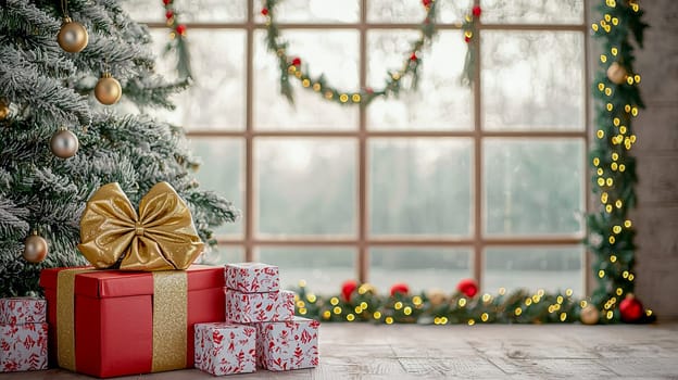 A gift box with red wrapping and a big golden bow lies next to a stack of gift boxes under a Christmas tree against a winter window.