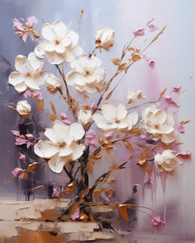 Delicate white blossoms on a textured background with soft pastel colors. Selective focus.