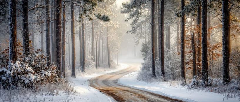 A serene snowy road winds through a tranquil forest, surrounded by tall trees. The peaceful winter landscape offers a beautiful escape into nature.