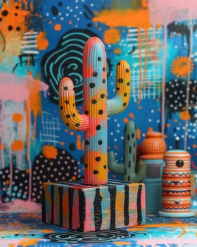 3d colorful cactus on abstract background. Selective focus.