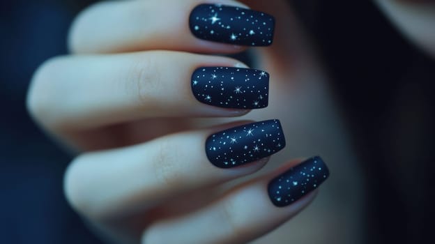 Close-up of a woman's hand showcasing elegant celestial nail art with a matte finish. the design features a starry pattern, blending beauty and fashion trends. ideal for beauty articles, fashion blogs, and creative designs.