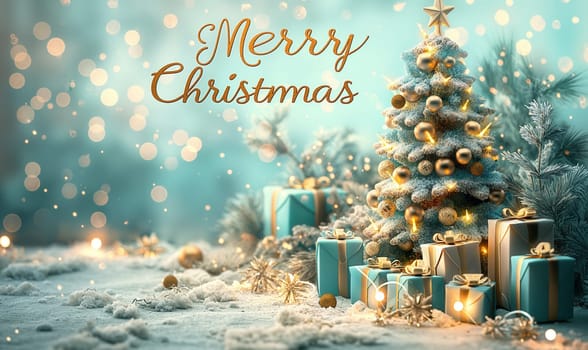 A greeting Christmas card with the text Merry Christmas. Selective focus.