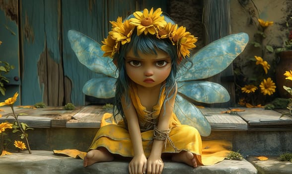 Illustration for children with unhappy pixie. Selective focus.