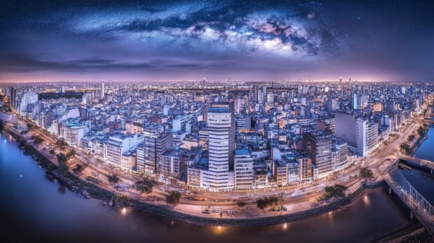 Aerial panoramic view of rosario city center at night, with the milky way shining above. The city is illuminated by streetlights and the river reflects the lights of the city