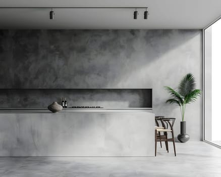 Spacious kitchen with concrete walls, minimalistic design and natural lighting