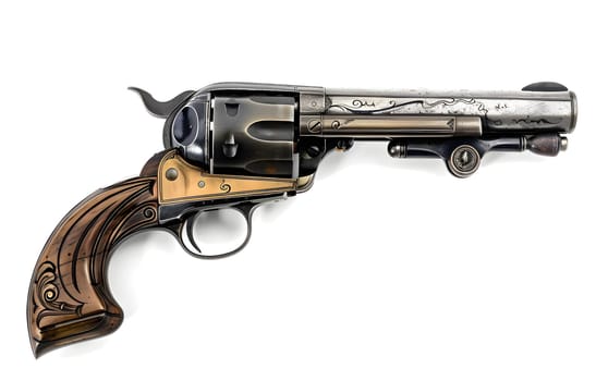 Vintage revolver with intricate engravings, evoking a classic western firearm