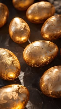 Several golden eggs are displayed on a wooden table, shining like brass metal. They resemble fashion accessories as they sit in a circle, waiting to be used in a cuisine recipe