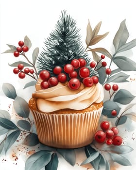 Festive muffin with Christmas tree on abstract background. Selective focus.