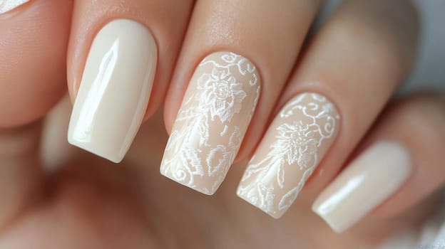 Close-up of a woman's hand featuring intricate lace nail art in a bridal-inspired style. the elegant white lace patterns on the pale nails create a sophisticated and delicate look, perfect for wedding-themed designs and inspirations.