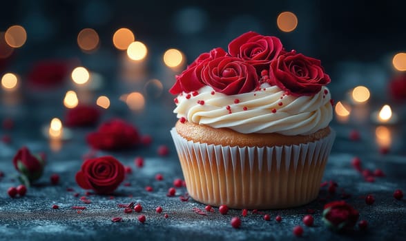 Cupcake with red roses on a festive background. Selective focus.