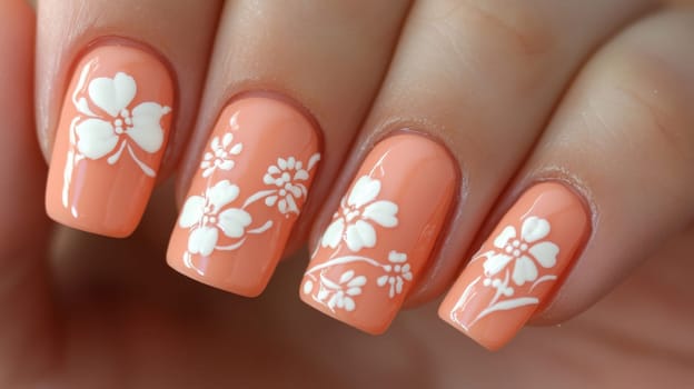 Feminine nail art featuring pastel peach tones adorned with delicate white floral patterns. the detailed design combines elegance and simplicity, showcasing the beauty of personal style and contemporary beauty trends.