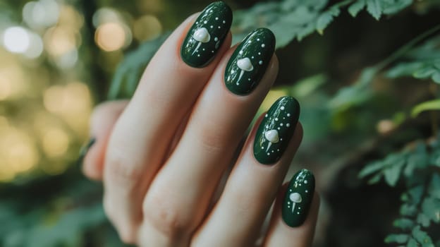 A close-up of a woman's hand showcases intricate nail art, featuring a deep green background adorned with whimsical mushroom designs. nature-inspired elements create a unique and trendy aesthetic in beauty.