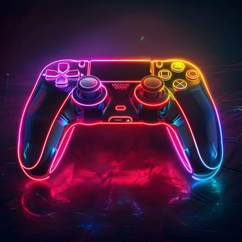 Neon glowing gaming controller set against a bright and colorful background