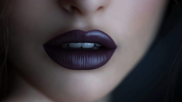 Detailed image focusing on a woman's lips adorned with rich, dark lipstick, exemplifying elegance in makeup artistry. ideal for beauty, fashion, and cosmetics branding, showcasing texture and color contrast.