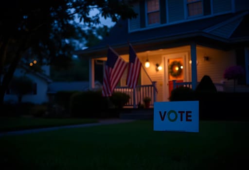 A cozy suburban home with an American flag on the porch and a "Vote" yard sign, lit warmly, embodying American pride and community. High quality photo
