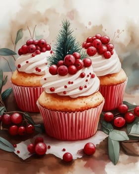 Festive muffin with Christmas tree on abstract background. Selective focus.