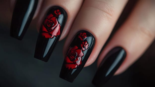 Close-up of a woman's hand showcasing elegant black nails with intricate red rose designs. the romantic and bold aesthetic highlights detailed artistry and offers a stylish, modern look ideal for fashion photography.
