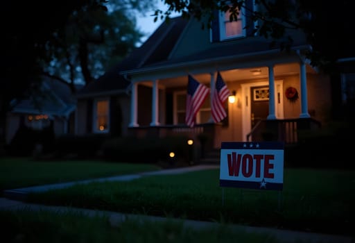 A cozy suburban home with an American flag on the porch and a "Vote" yard sign, lit warmly, embodying American pride and community. High quality photo