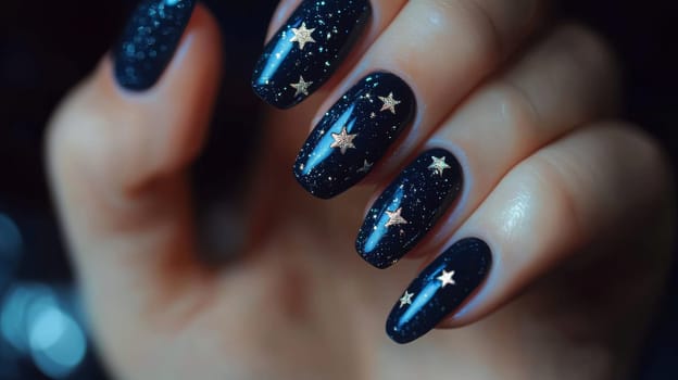 A detailed close-up of a woman's hand showcases intricate celestial-themed nail art. the nails feature a starry night design, with shimmering stars against a dark, cosmic backdrop, the artistry and precision in modern nail fashion.